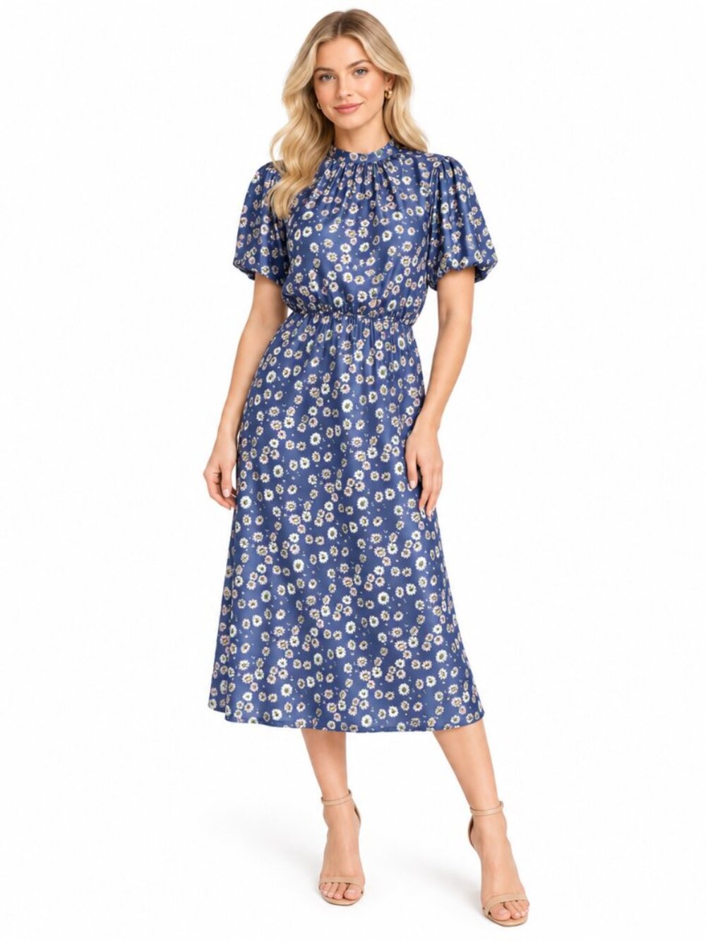 ASOS DESIGN Blue Floral Puff Sleeve Midi Tea Dress US 6 Small S